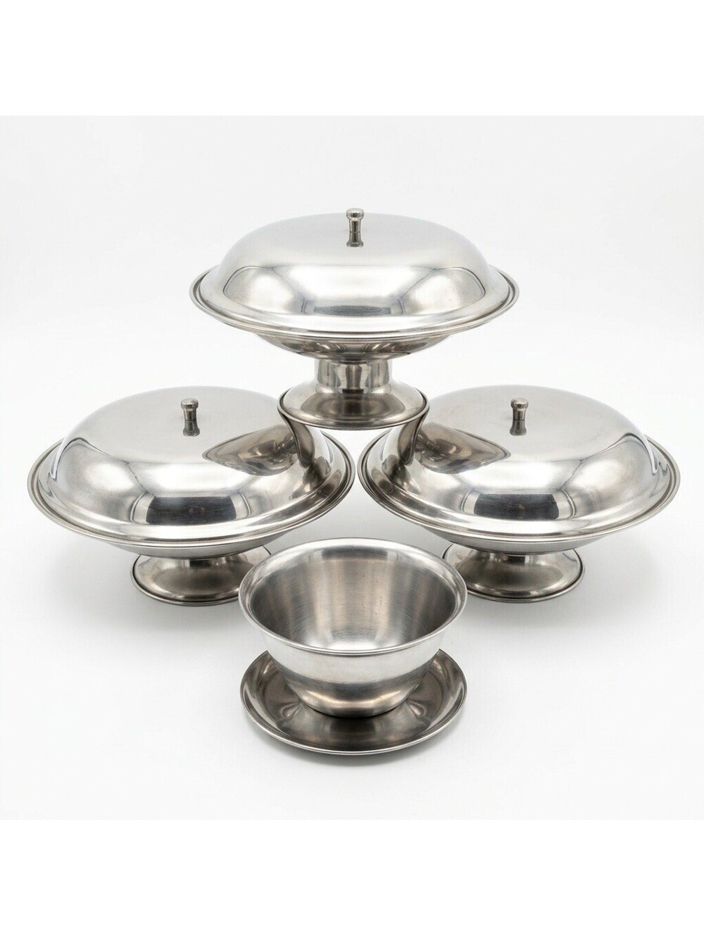 Vintage JR 18-8 Stainless Steel Covered Pedestal Dishes & Bowl Set Korea